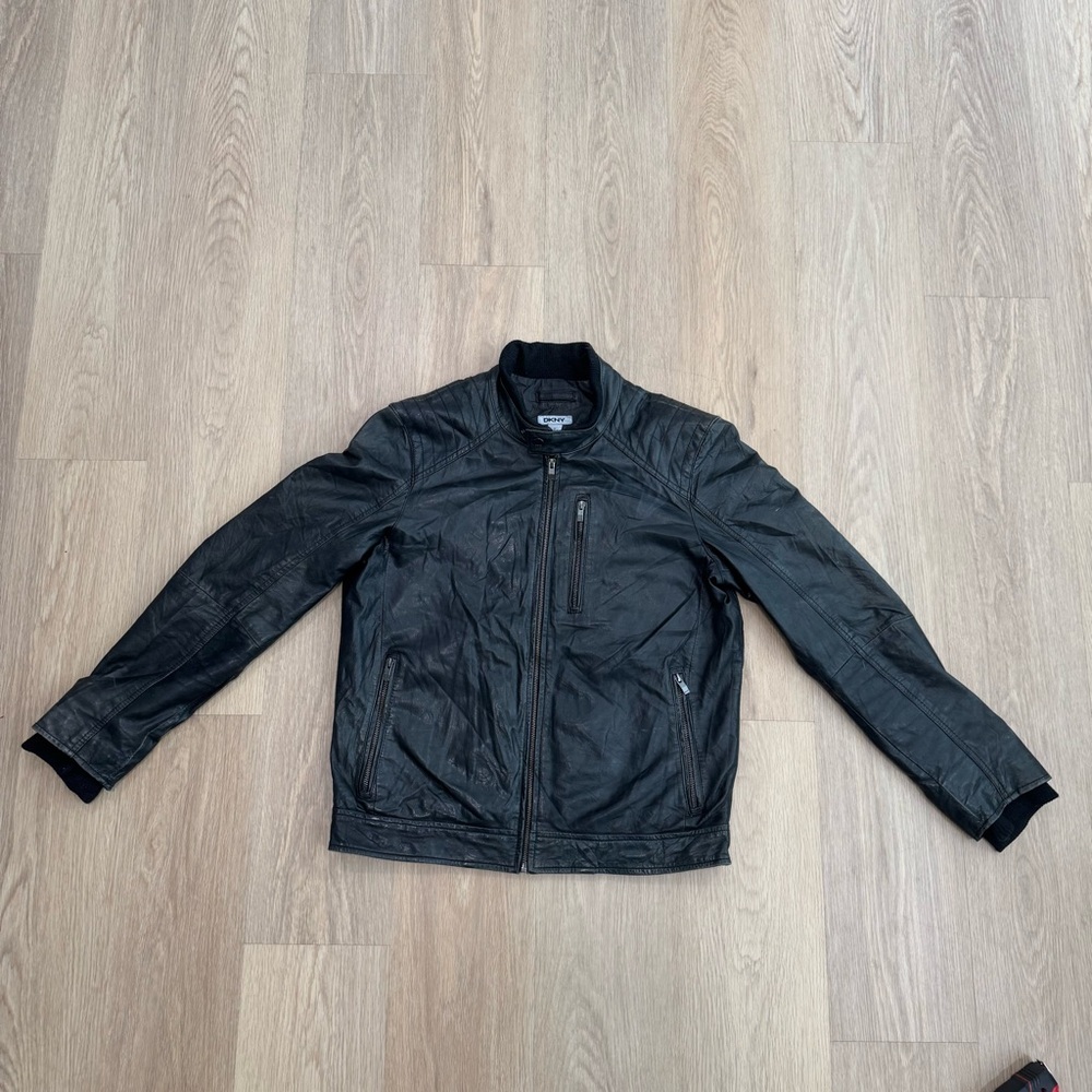 DKNY Black lambs skinLeather Bomber Jacket